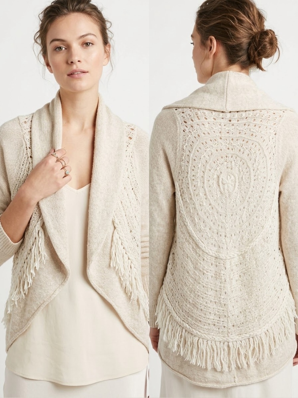 Anthropologie Knitted & Knotted Open Fringe Wool Blend Cardigan size Small